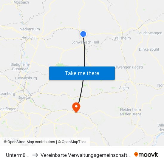 Untermünkheim to Vereinbarte Verwaltungsgemeinschaft Der Stadt Göppingen map