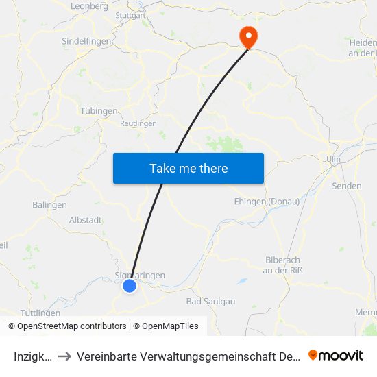 Inzigkofen to Vereinbarte Verwaltungsgemeinschaft Der Stadt Göppingen map