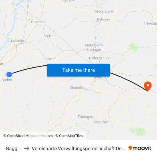 Gaggenau to Vereinbarte Verwaltungsgemeinschaft Der Stadt Göppingen map