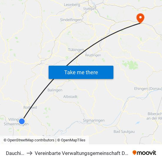 Dauchingen to Vereinbarte Verwaltungsgemeinschaft Der Stadt Göppingen map