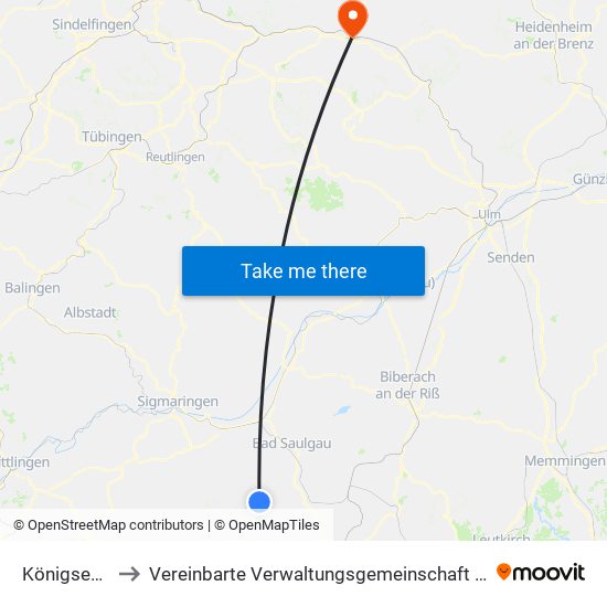 Königseggwald to Vereinbarte Verwaltungsgemeinschaft Der Stadt Göppingen map