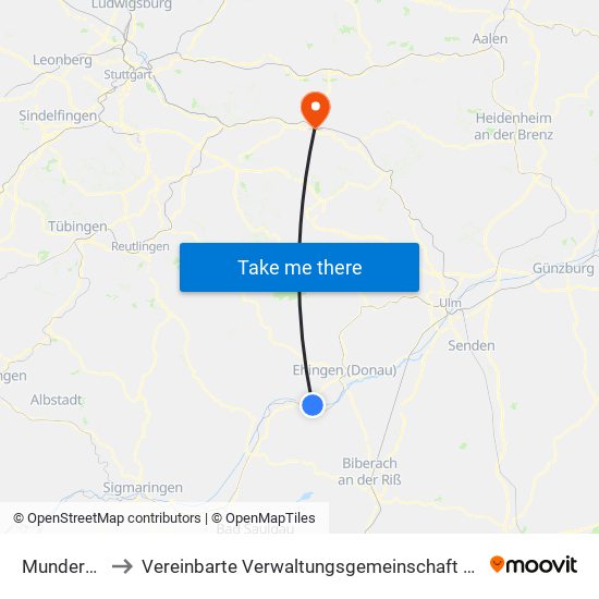 Munderkingen to Vereinbarte Verwaltungsgemeinschaft Der Stadt Göppingen map