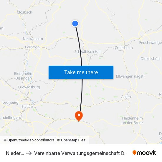 Niedernhall to Vereinbarte Verwaltungsgemeinschaft Der Stadt Göppingen map