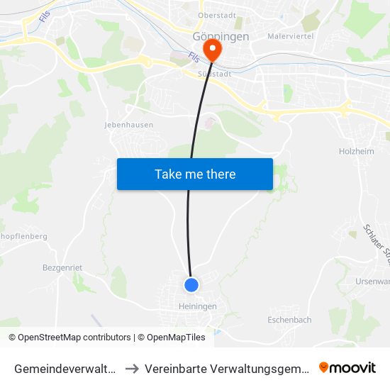 Gemeindeverwaltungsverband Voralb to Vereinbarte Verwaltungsgemeinschaft Der Stadt Göppingen map