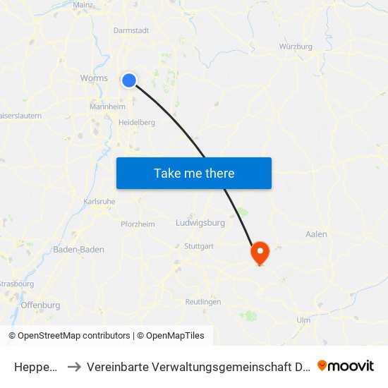 Heppenheim to Vereinbarte Verwaltungsgemeinschaft Der Stadt Göppingen map