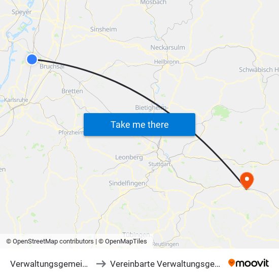 Verwaltungsgemeinschaft Graben-Neudorf to Vereinbarte Verwaltungsgemeinschaft Der Stadt Göppingen map