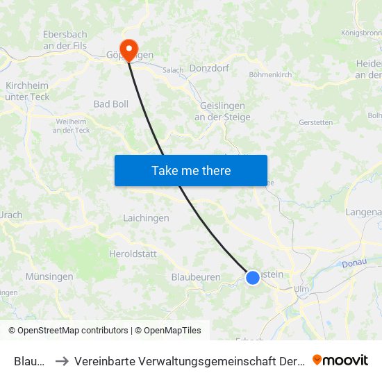 Blaustein to Vereinbarte Verwaltungsgemeinschaft Der Stadt Göppingen map