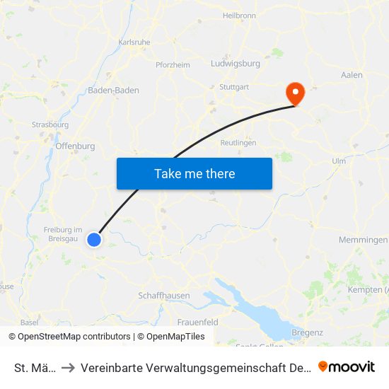 St. Märgen to Vereinbarte Verwaltungsgemeinschaft Der Stadt Göppingen map