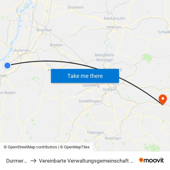 Durmersheim to Vereinbarte Verwaltungsgemeinschaft Der Stadt Göppingen map