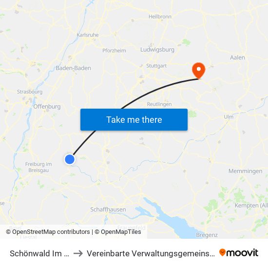 Schönwald Im Schwarzwald to Vereinbarte Verwaltungsgemeinschaft Der Stadt Göppingen map