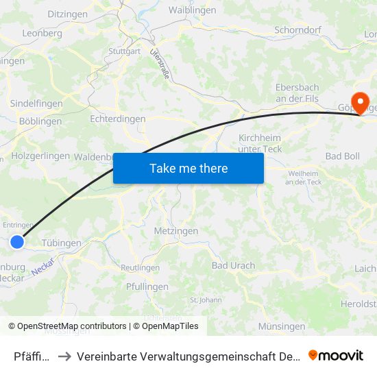 Pfäffingen to Vereinbarte Verwaltungsgemeinschaft Der Stadt Göppingen map