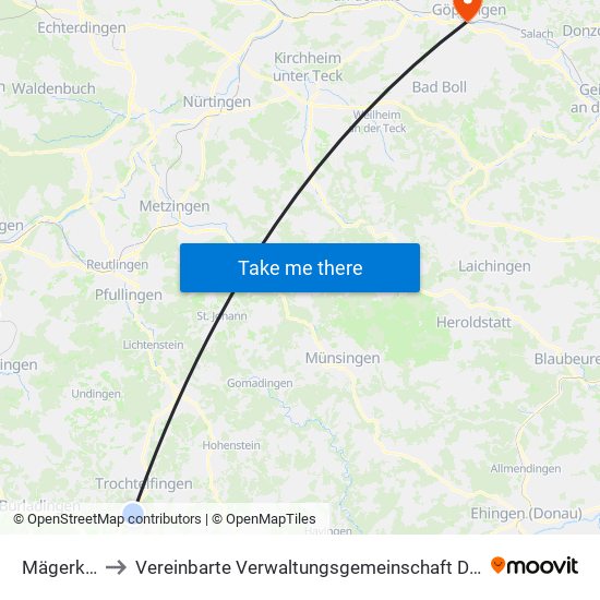 Mägerkingen to Vereinbarte Verwaltungsgemeinschaft Der Stadt Göppingen map