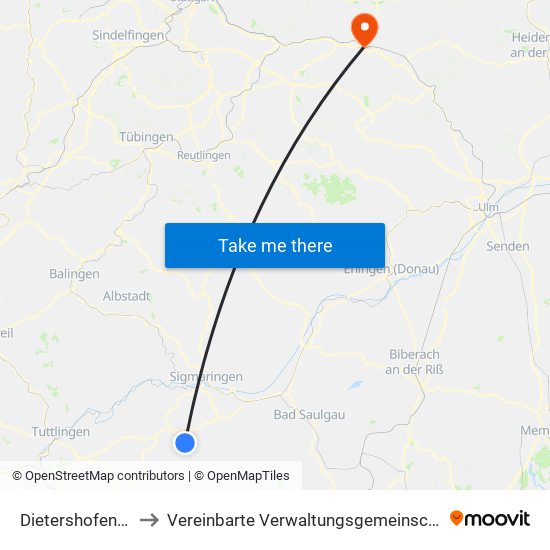Dietershofen (Meßkirch) to Vereinbarte Verwaltungsgemeinschaft Der Stadt Göppingen map