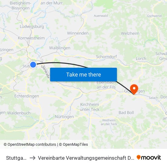 Stuttgart-Ost to Vereinbarte Verwaltungsgemeinschaft Der Stadt Göppingen map