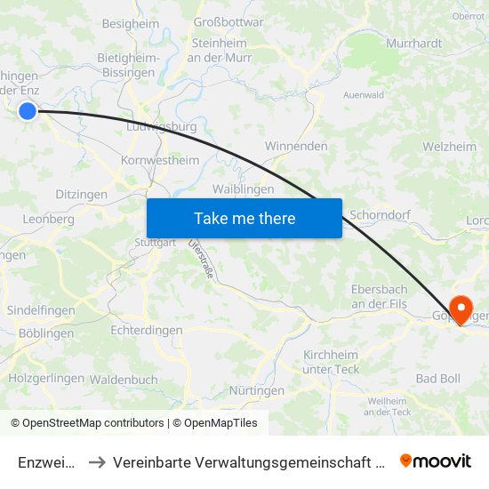 Enzweihingen to Vereinbarte Verwaltungsgemeinschaft Der Stadt Göppingen map
