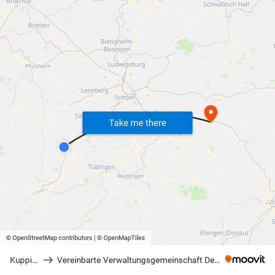 Kuppingen to Vereinbarte Verwaltungsgemeinschaft Der Stadt Göppingen map