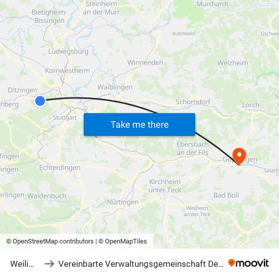 Weilimdorf to Vereinbarte Verwaltungsgemeinschaft Der Stadt Göppingen map