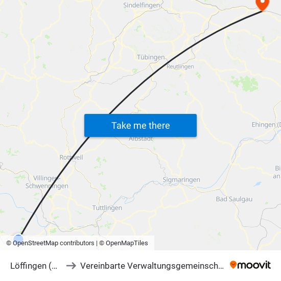 Löffingen (Kernstadt) to Vereinbarte Verwaltungsgemeinschaft Der Stadt Göppingen map