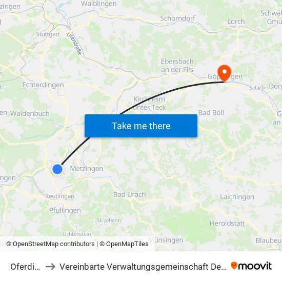 Oferdingen to Vereinbarte Verwaltungsgemeinschaft Der Stadt Göppingen map