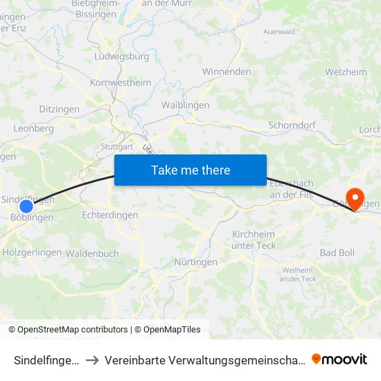 Sindelfingen (Stadt) to Vereinbarte Verwaltungsgemeinschaft Der Stadt Göppingen map