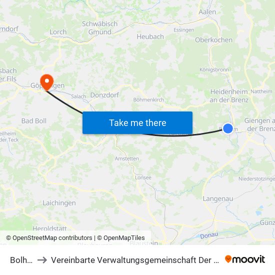 Bolheim to Vereinbarte Verwaltungsgemeinschaft Der Stadt Göppingen map