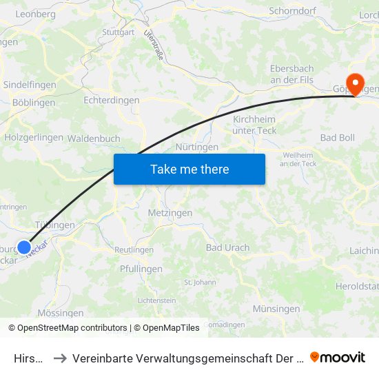 Hirschau to Vereinbarte Verwaltungsgemeinschaft Der Stadt Göppingen map