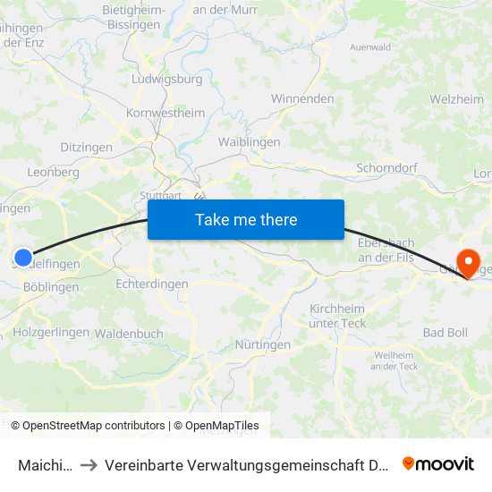 Maichingen to Vereinbarte Verwaltungsgemeinschaft Der Stadt Göppingen map