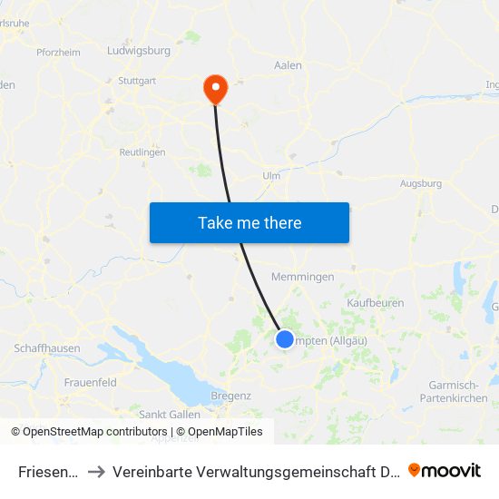 Friesenhofen to Vereinbarte Verwaltungsgemeinschaft Der Stadt Göppingen map