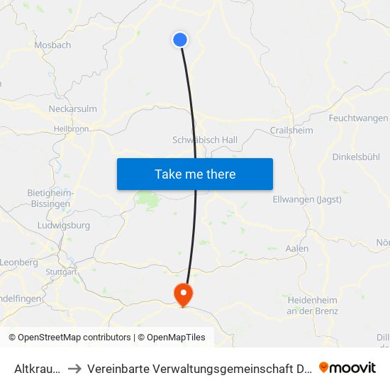 Altkrautheim to Vereinbarte Verwaltungsgemeinschaft Der Stadt Göppingen map