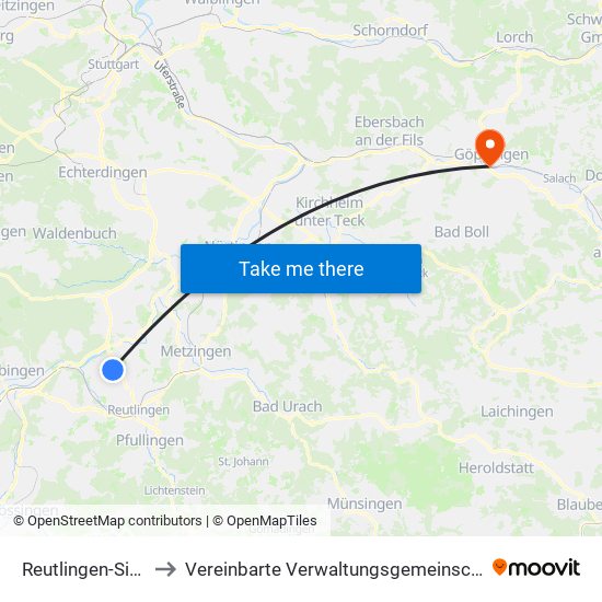 Reutlingen-Sickenhausen to Vereinbarte Verwaltungsgemeinschaft Der Stadt Göppingen map