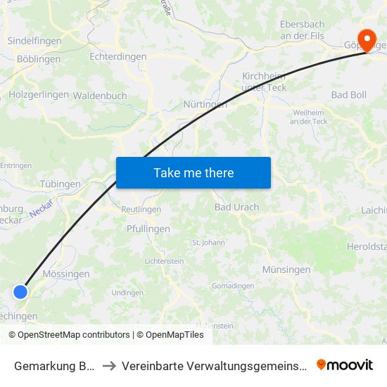 Gemarkung Bodelshausen to Vereinbarte Verwaltungsgemeinschaft Der Stadt Göppingen map
