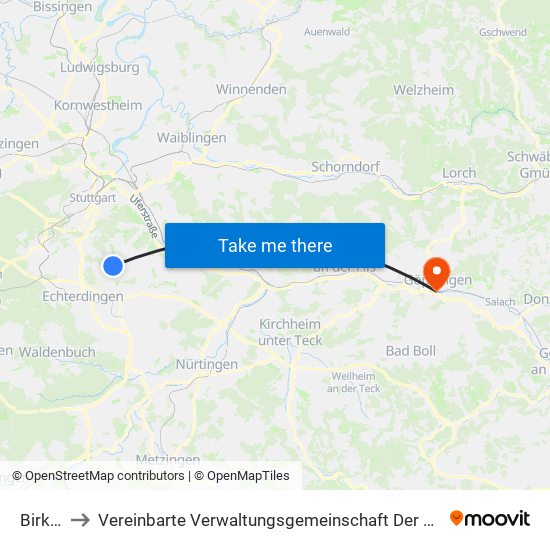Birkach to Vereinbarte Verwaltungsgemeinschaft Der Stadt Göppingen map