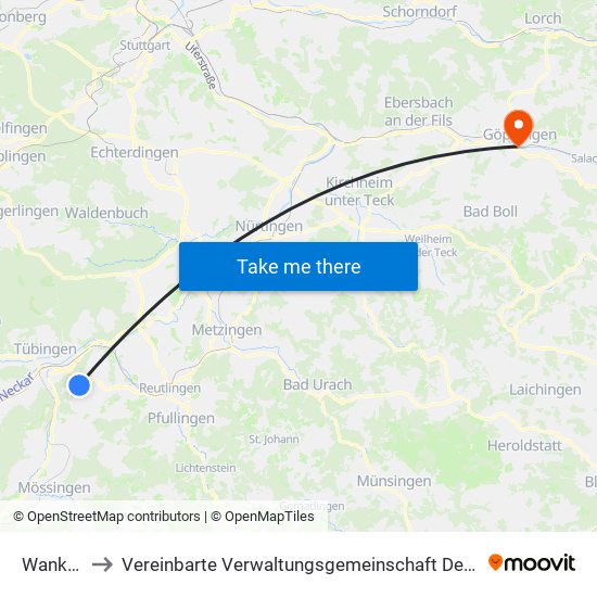 Wankheim to Vereinbarte Verwaltungsgemeinschaft Der Stadt Göppingen map