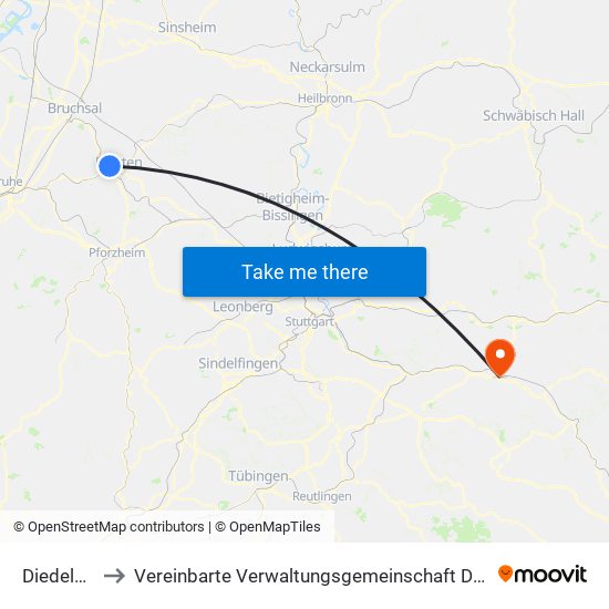 Diedelsheim to Vereinbarte Verwaltungsgemeinschaft Der Stadt Göppingen map