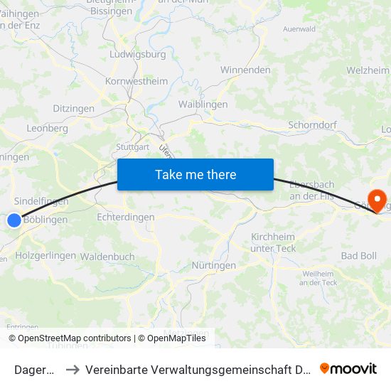 Dagersheim to Vereinbarte Verwaltungsgemeinschaft Der Stadt Göppingen map