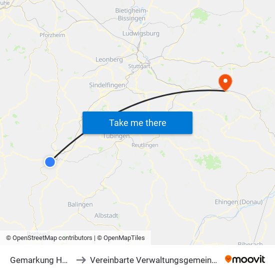 Gemarkung Horb am Neckar to Vereinbarte Verwaltungsgemeinschaft Der Stadt Göppingen map