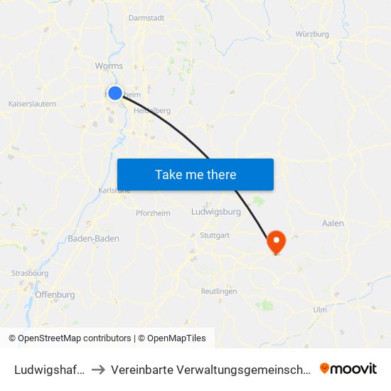 Ludwigshafen-Oppau to Vereinbarte Verwaltungsgemeinschaft Der Stadt Göppingen map