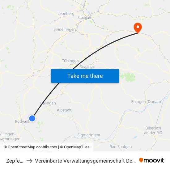 Zepfenhan to Vereinbarte Verwaltungsgemeinschaft Der Stadt Göppingen map