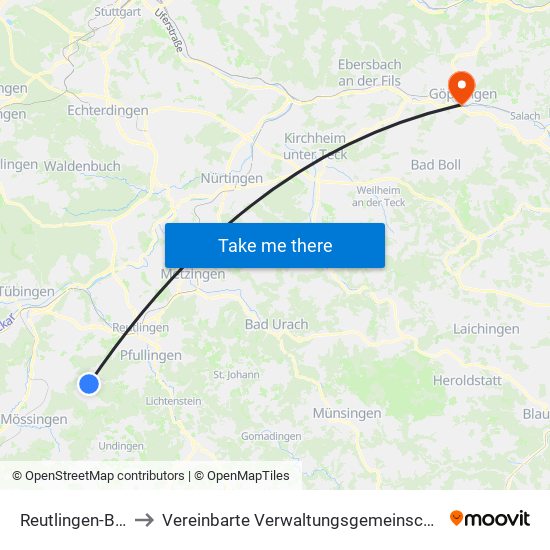 Reutlingen-Bronnweiler to Vereinbarte Verwaltungsgemeinschaft Der Stadt Göppingen map