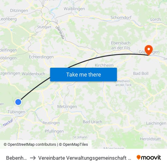 Bebenhausen to Vereinbarte Verwaltungsgemeinschaft Der Stadt Göppingen map