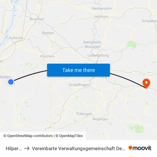 Hilpertsau to Vereinbarte Verwaltungsgemeinschaft Der Stadt Göppingen map