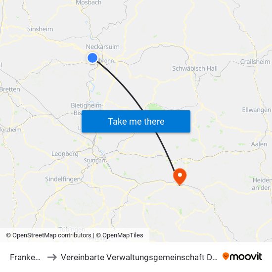 Frankenbach to Vereinbarte Verwaltungsgemeinschaft Der Stadt Göppingen map