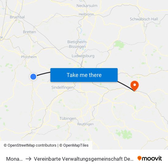 Monakam to Vereinbarte Verwaltungsgemeinschaft Der Stadt Göppingen map