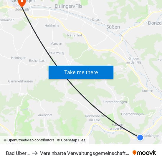 Bad Überkingen to Vereinbarte Verwaltungsgemeinschaft Der Stadt Göppingen map