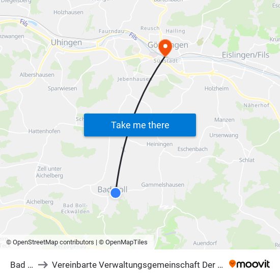 Bad Boll to Vereinbarte Verwaltungsgemeinschaft Der Stadt Göppingen map