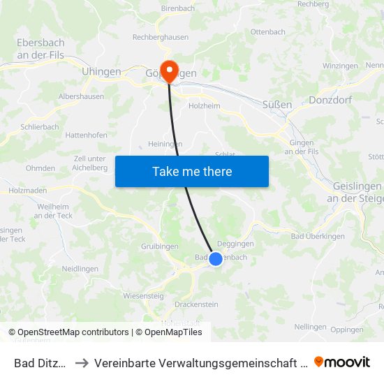Bad Ditzenbach to Vereinbarte Verwaltungsgemeinschaft Der Stadt Göppingen map