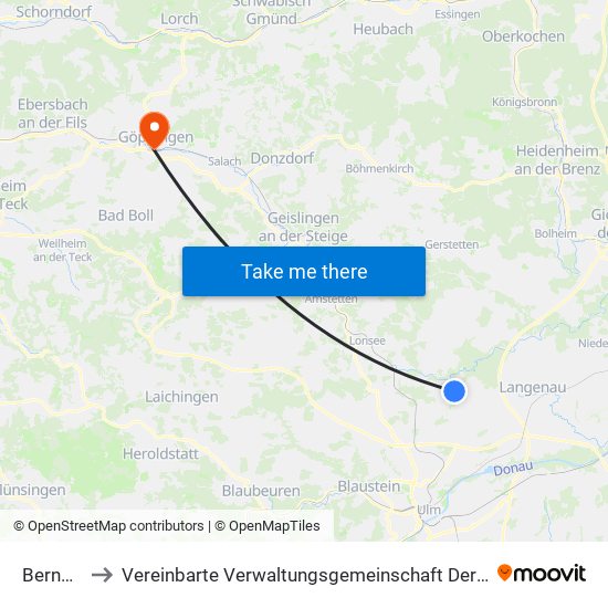 Bernstadt to Vereinbarte Verwaltungsgemeinschaft Der Stadt Göppingen map