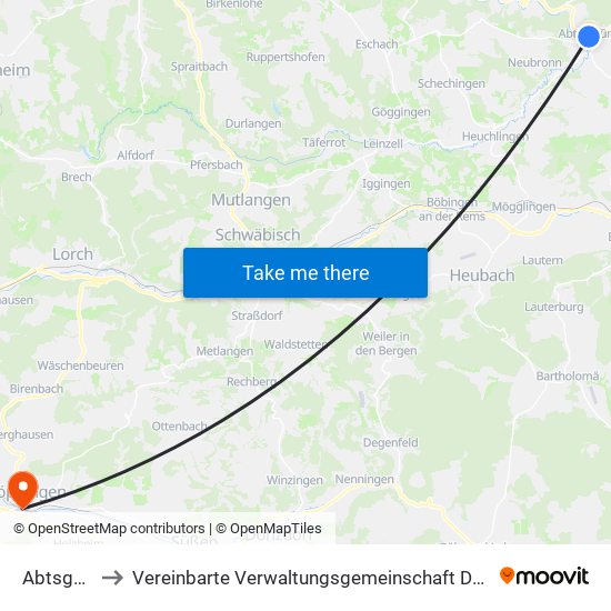 Abtsgmünd to Vereinbarte Verwaltungsgemeinschaft Der Stadt Göppingen map