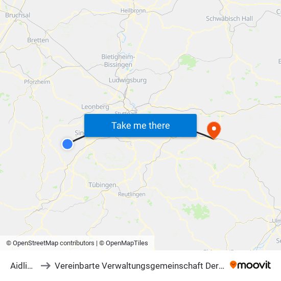 Aidlingen to Vereinbarte Verwaltungsgemeinschaft Der Stadt Göppingen map