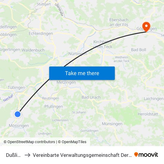 Dußlingen to Vereinbarte Verwaltungsgemeinschaft Der Stadt Göppingen map